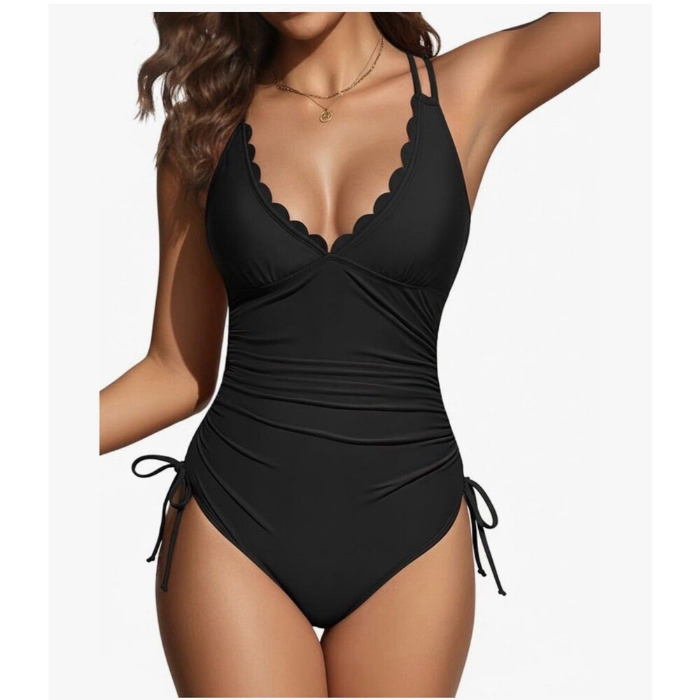 Daci Womens One Piece Swimsuit Black Ruched Tummy Control Scalloped Size L NEW